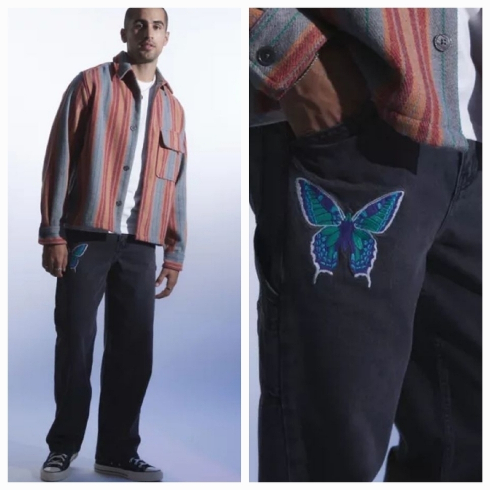Urban Outfitters BDG Baggy Fit Skater Carpenter Jeans Embroidered Butterfly